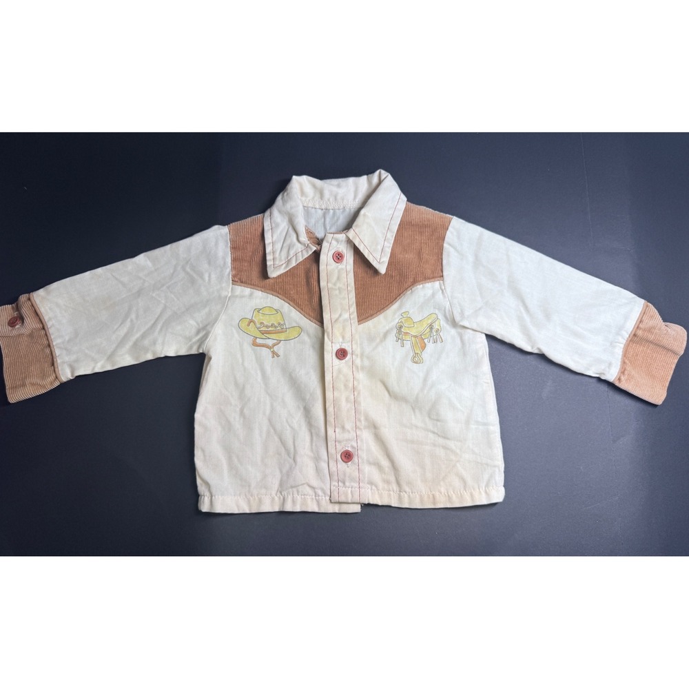 Vintage 1950s Western Cowboy Toddler Shirt Corduroy Yoke Hat Saddle Print 12–18M